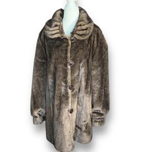 Vintage Reversible Brown Faux Fur Coat Satin Lining Button Front Large Winter